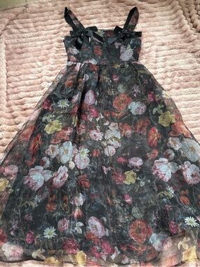 SHEIN Black Floral Mesh Bow-Strap A-Line Dress